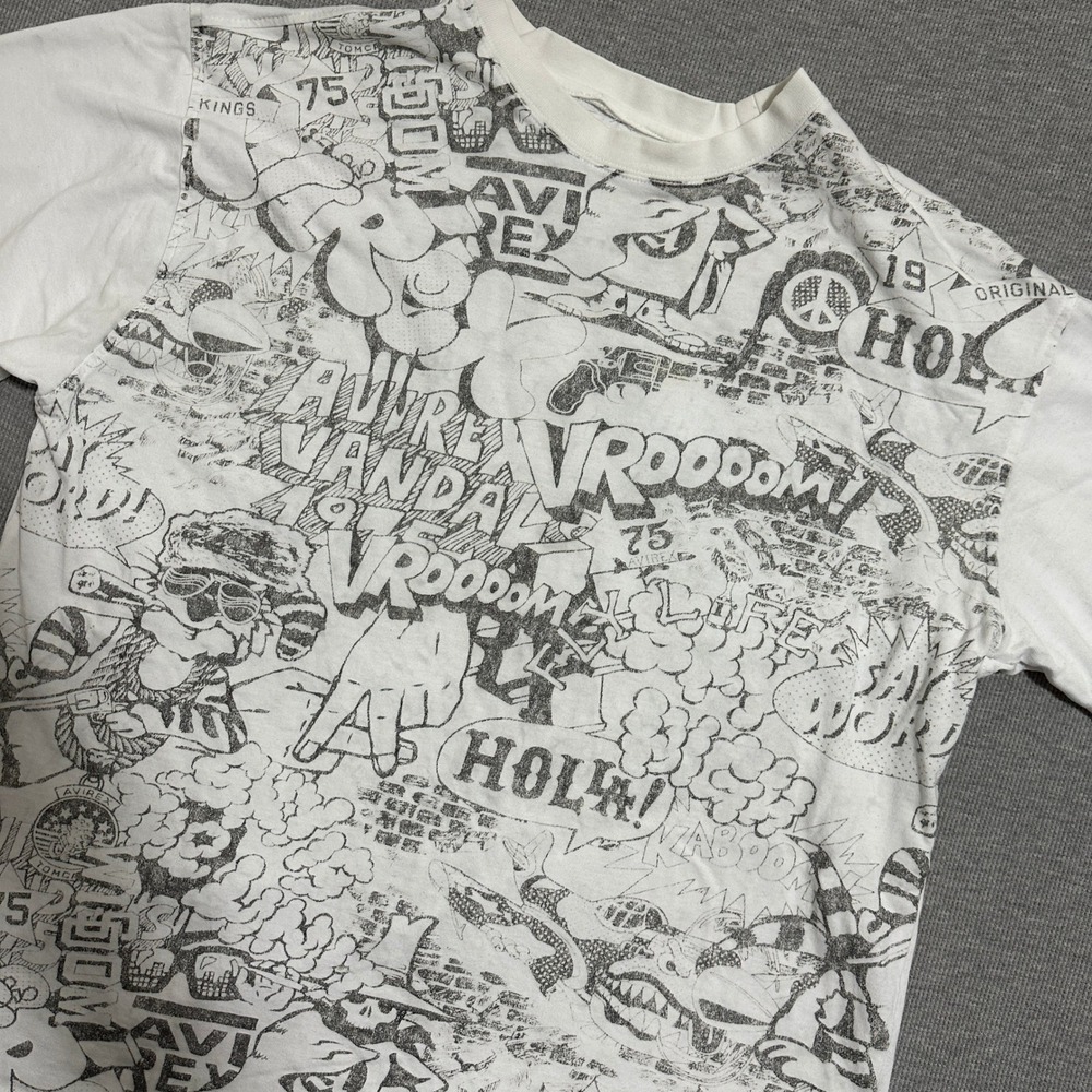 Avirex Graffiti Comic All Over Print T-Shirt Short Sleeve White Grey Mens XL